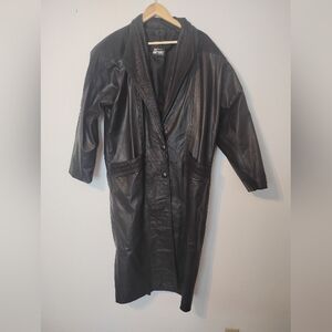 Vintage Comint Genuine Leather Wood Grain Print Button Up Men's Trench Coat